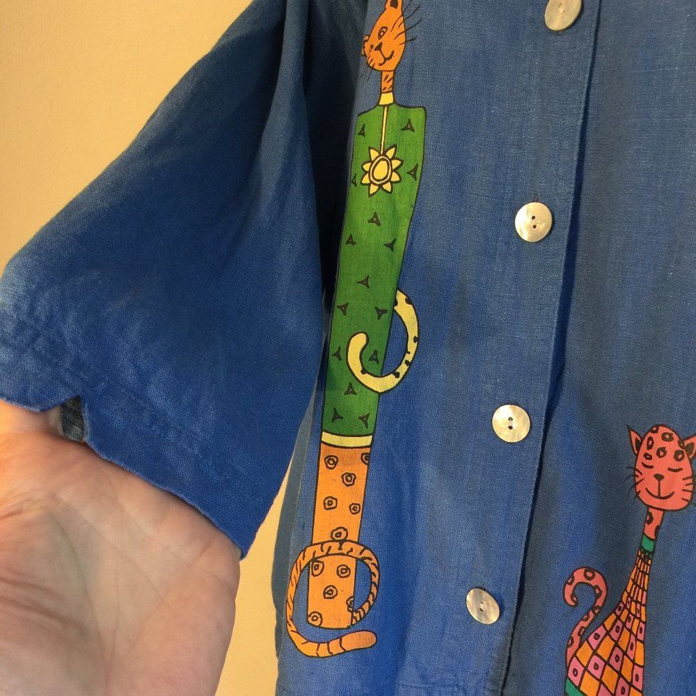 Stonebridge Linen Cat top Vintage 3/4 sleeve M blue button front pockets - Picture 4 of 7
